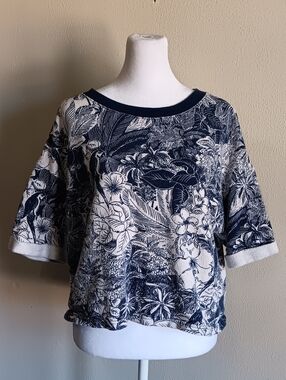 Blue & White Floral Boxy Cotton Sweatshirt Size Medium, Botanical Birds Old Navy
